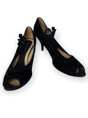 LINDSAY PERRY Velvet Leather Peep Toe Pumps Black Tied Side Size 40